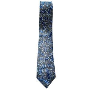 Pronto Uomo Platinum men’s paisley silk blend blue gray hand made neck tie
